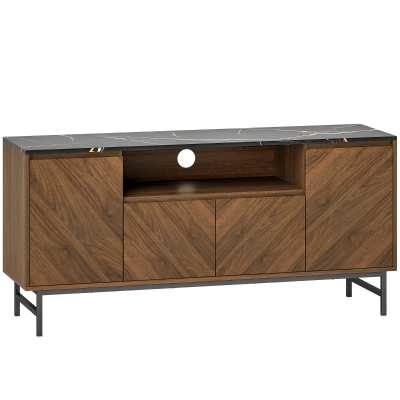 HOMCOM Comodă TV pentru televizoare până la 165,1 cm comodă TV din lemn cu compartiment deschis și orificiu pentru cabluri, efect marmură, 140x39x66cm, nuc