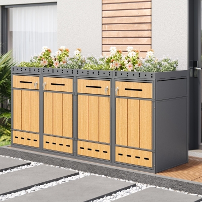 Coffre pour poubelles avec jardinière intégrée, Gris+Couleur naturelle