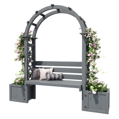 Pergola-Bank mit Pflanzkästen und geschwungenem Rankgitter, dreifach-Funktion: Sitzbank, Pflanzkübel und Rankhilfe, 160 x 30,5 x 160 cm, Grau