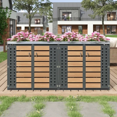 Mülltonnenbox 4‑fach, abschließbar mit integriertem Pflanzkasten, 264x80x124.5 cm, Grau+Naturfarbe
