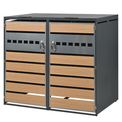 Mülltonnenbox mit hydraulischem Klappdeckel, mit 2 separaten Fächern und abschließbaren Türen, 132x80x118,5 cm, Grau+Naturfarbe