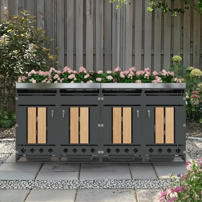 Armoire pour poubelles à 4 compartiments, Gris+Couleur naturelle