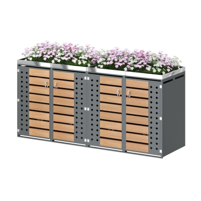 Mülltonnenbox 4‑fach, abschließbar mit integriertem Pflanzkasten, 264x80x124.5 cm, Grau+Naturfarbe