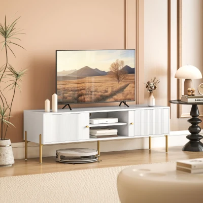 HOMCOM Comodă TV, mobilier TV pentru televizoare de până la 165,1 cm cu 2 uși, 2 compartimente deschise, picioare din oțel, 140x38x45,9cm, alb