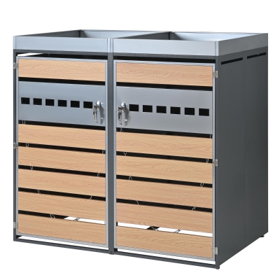 Mülltonnenbox mit integriertem Pflanztrog und Belüftung, abschließbarer zweiteiliger 2-türiger Schrank, 132x80x124,5 cm, Grau+Naturfarbe