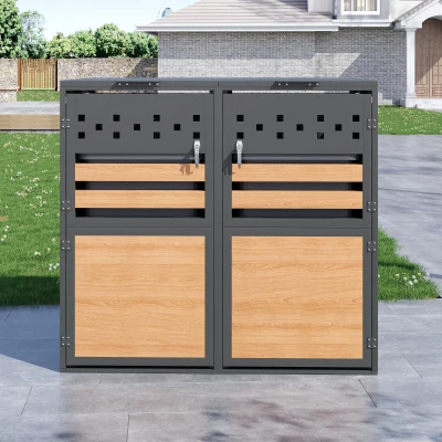 Mülltonnenbox mit hydraulischem Klappdeckel, abschließbaren Doppeltüren und zwei Fächern, 132x80x120 cm, Grau+Naturfarbe