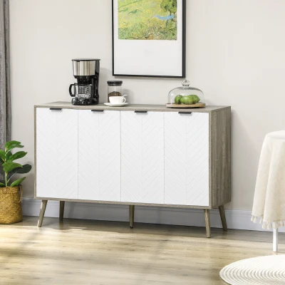 HOMCOM Bufet jos, mobilier de depozitare, 2 dulapuri, 4 uși, model chevron, polițe reglabile, 120 x 35 x 77,4 cm, alb și gri