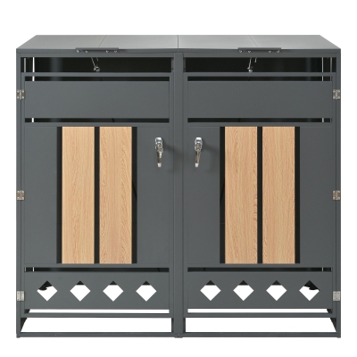 Mülltonnenbox mit hydraulischem Klappdeckel, abschließbaren Türen und zwei Fächern, 132x80x118,5 cm, Grau+Naturfarbe