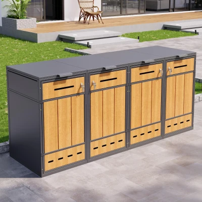 Mülltonnenbox mit Klappdeckeln und frontöffnenden Türen, für 4×120–240 l , 264x84.5x118 cm, Grau+Naturfarbe