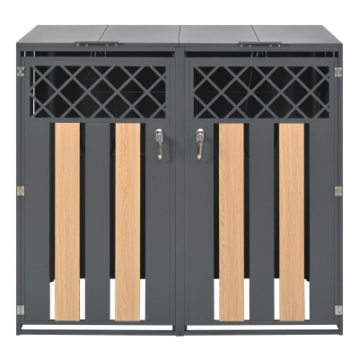 Mülltonnenbox mit hydraulischem Klappdeckel und abschließbarer Front, zwei getrennte Fächer, 132x80x118,5 cm, Grau+Naturfarbe