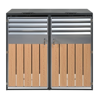 Mülltonnenbox mit hydraulischem Klappdeckel, zweiteiliges Design für 2 Mülltonnen, 132x80x118,5 cm, Grau+Naturfarbe