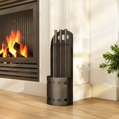 Outsunny Set servitor pentru șemineu 4 piese, accesorii unelte pentru șemineu cu mătură lopată tisonier și suport, din metal negru