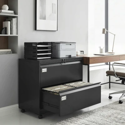 HOMCOM Cajonera con 2 cajones cerrable archivador con rieles colgantes ajustables 90 x 40 x 77,4 cm Negro