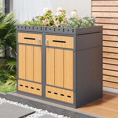 Doppel-Mülltonnenbox, 2‑fach Abfalltrennsystem, 132x80x124 cm, Grau+Naturfarbe