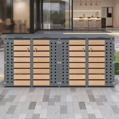Coffre pour poubelles avec rangement pour 4 bacs, Gris+Couleur naturelle
