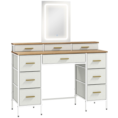HOMCOM Masă de toaletă cu oglindă și lumini LED 3 culori, masă de machiaj 10 sertare din material textil, 118,5 x 39,5 x 140 cm natural