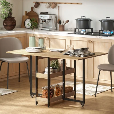 HOMCOM Masă de sufragerie pliabilă pe roți 4 persoane cu compartimente deschise, pentru spații mici, sufragerie, stejar