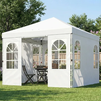 Outsunny Tenda Dobrável 3x3 m Pop-up com UPF 50+, 4 Laterais Removíveis, Altura Ajustável e Bolsa de Transporte, Branco