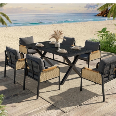 Ensemble de table à manger extérieur moderne 6 pièces pour jardin et terrasse, Noir+Couleur naturelle