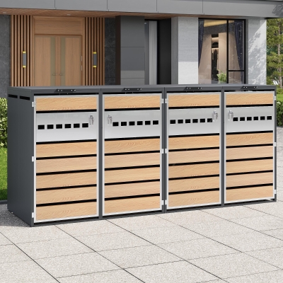 Abri pour poubelles avec couvercle rabattable hydraulique, Gris+Couleur naturelle