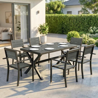 Outsunny Set de Masă pentru Exterior 7 Piese pentru 6 Persoane, Masă și Scaune Stivuite cu Lamele Efect Lemn, Cadru din Aluminiu, Gri