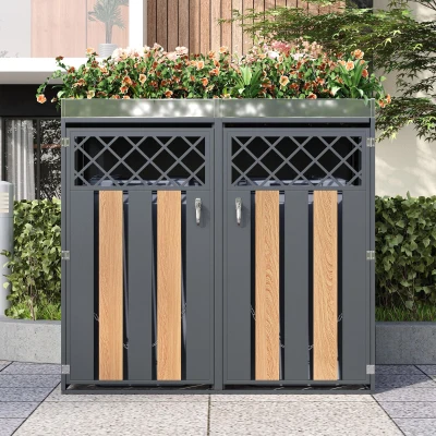 Mülltonnenschrank mit Blumentrog, 2-tlg. abschließbare Mülltonnenbox, 132x80x124,5 cm, Grau+Naturfarbe