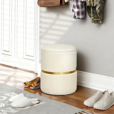 HOMCOM Pouf taburet suport pentru picioare cutie de depozitare din catifea canaletată 36 x 36 x 44 cm pentru living dormitor bej