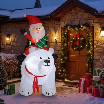 Outsunny Moș Crăciun gonflabil pe urs polar 200 cm, 5 lumini LED, decorațiune de Crăciun pentru interior și exterior, alb