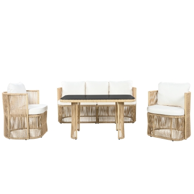 5-teiliges PE‑Rattan-Gartenmöbel-Set, 3‑Sitzer-Sofa, 2 Sesseln und Glastisch, Beige+Schwarz+Weiß