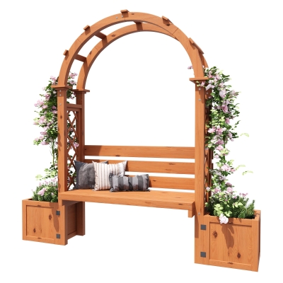 Pergola-Bank mit Pflanzkästen und geschwungenem Rankgitter, dreifach-Funktion: Sitzbank, Pflanzkübel und Rankhilfe, 160 x 30,5 x 160 cm, Naturfarbe