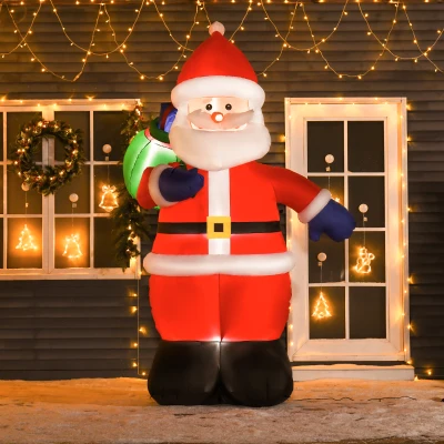 HOMCOM Moș Crăciun Gonflabil LED 2,4 m cu sac Poliester impermeabil Roșu