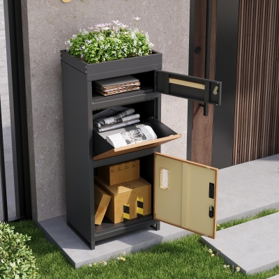 Paket- und Briefkasten mit integriertem Blumentrog, 50x37x118,5 cm, Grau+Naturfarbe
