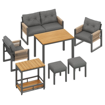 Set de sofá moderno para exterior, mesa desmontable, reposabrazos trenzados y cojines de asiento gruesos, Gris+Color natural