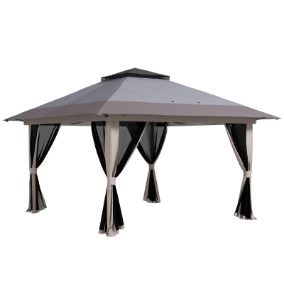 Outsunny Tenda Dobrável Pop-up com Altura Ajustável Proteção UV50+ Telhado Duplo e Redes Mosquiteiras 4x4x2,8 m Cinzento Claro