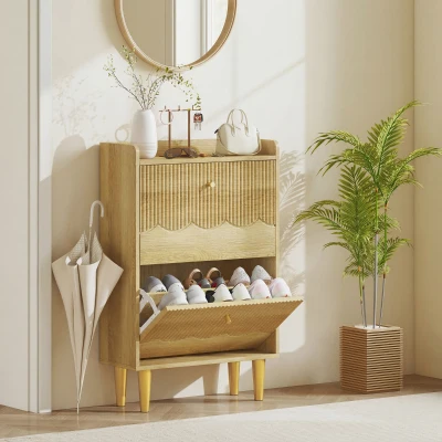 HOMCOM Modern Shoe Cabinet 2 Flip Drawers Oak