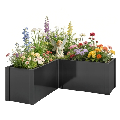 Outsunny L-vormig verhoogd bed, weerbestendig plantenbak van verzinkt staal 150 x 150 x 55 cm zwart