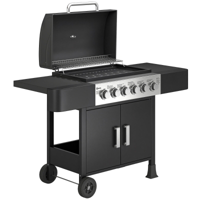 Outsunny Barbacoa de Gas con 6 Quemadores Termómetro Parrilla Mesas Laterales Armario y Ruedas 135x51x101 cm Negro
