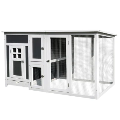 PawHut Hühnerstall Hühnerhaus aus Holz 160 x 75 x 80 cm Freilaufgehege mit Tür Nistkasten wasserdicht Dach herausziehbarem Tablett Sitzstange Auslauf Hühnergehege für 1-2 Hühner für Garten Grau+Weiß