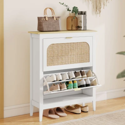 HOMCOM Zapatero Estrecho con 2 Puertas de Ratán Estantes Ajustables para 14 Pares de Zapatos 80x24x95,5 cm Blanco