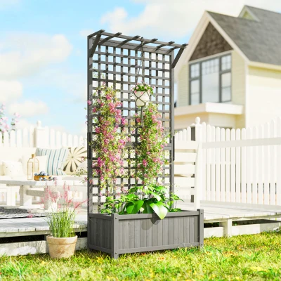 Outsunny Wood Planter with Trellis Dark Grey