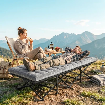Outsunny Camping Cot with Soft Pad, 80cm Extra Wide Folding Cots with Side Pocket and Carry Bag, Grey