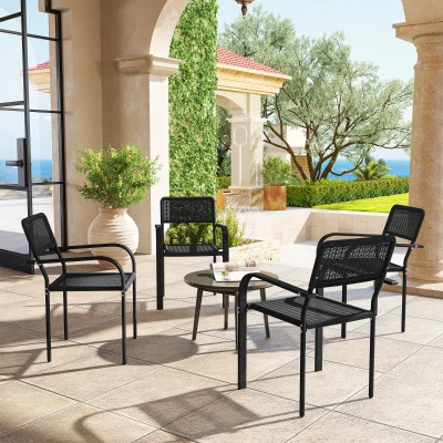 Outsunny Juego de 4 Sillas de Jardín Exterior Apilables con Reposabrazos Respaldo y Marco de Acero 55x60x83 cm Negro