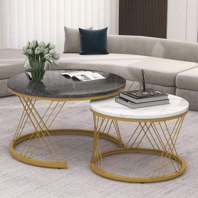 Set of 2 Modern Nesting Marble Coffee Tables with Metal Frame, Grey