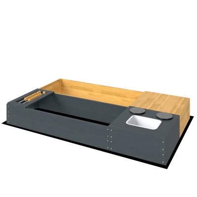 AIYAPLAY Zandbak 2-delig 150 x 90 cm Houten speelstation met zitbank, opbergruimte, kookplaat, afneembare wasbak en abacusparels, Geel