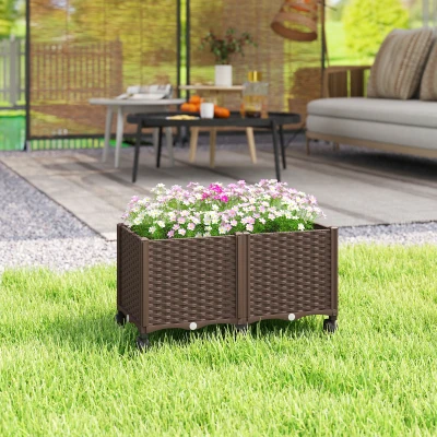 Outsunny Floreira Elevada com 6 Rodas Autorrega e Drenagem Floreira para Jardim 80x40x43 cm Castanho