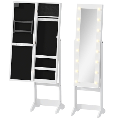 HOMCOM Espejo Joyero de Pie con 16 Luces LED y Ángulo Ajustable Organizador de Joyas con Estantes 36x30x136 cm Blanco Cálido