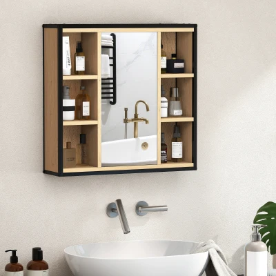 HOMCOM Badezimmer-Spiegelschrank, 6 offene Fächer, 3-stufiges Regal, Wandmontage, Eiche