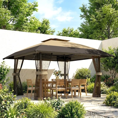 Outsunny Tenda Dobrável 4x4 m Pop-up com Telhado Duplo, 4 Laterais em Rede, Altura Regulável, Bolsa de Transporte, UPF30+, Caqui