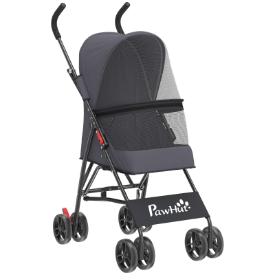 PawHut Dog Stroller, Foldable Cat Dog Pram for Miniature Breeds, Pet Stroller with Brake, Mesh Windows, Dark Grey