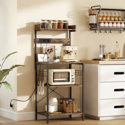 HOMCOM Estante de Cozinha com 2 Tomadas Prateleira para Micro-ondas Prateleira Ajustável Ganchos 60x42x137 cm Castanho Rústico